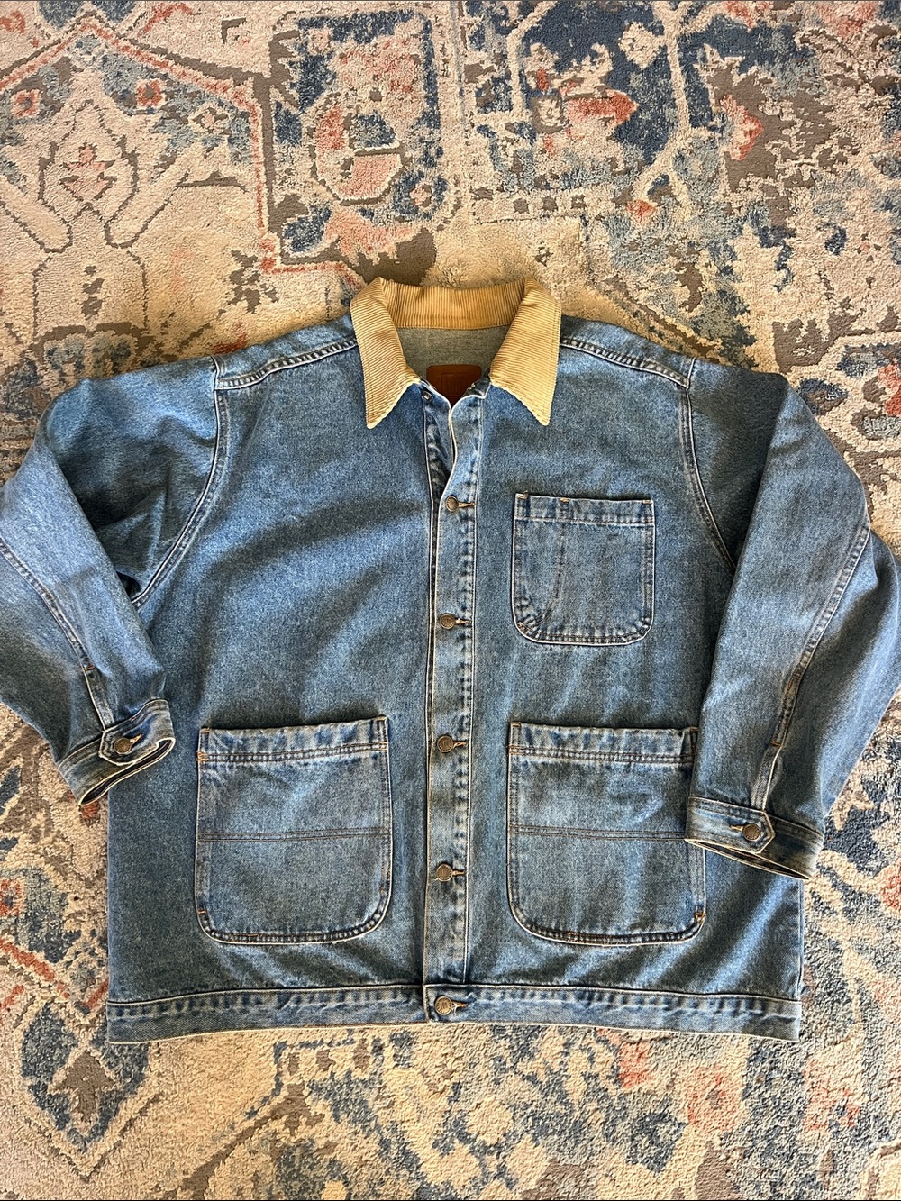 VTG 90s I.O.U. Denim Chore Jacket Barn Coat with Corduroy Collar - Picture 2 of 16